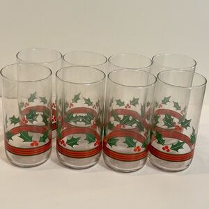 Vintage Libbey Christmas Holly and Berries Highball Tumblers Glasses Set of 8